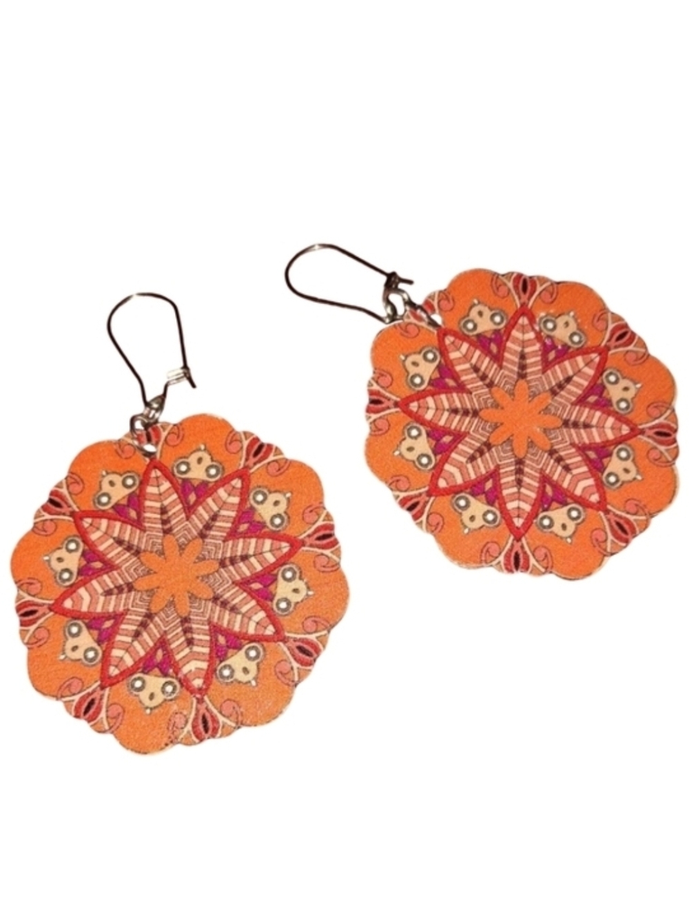Mandala Earrings Orange Flower Octagon Floral Boho Stainless Steel Bohemian Wood